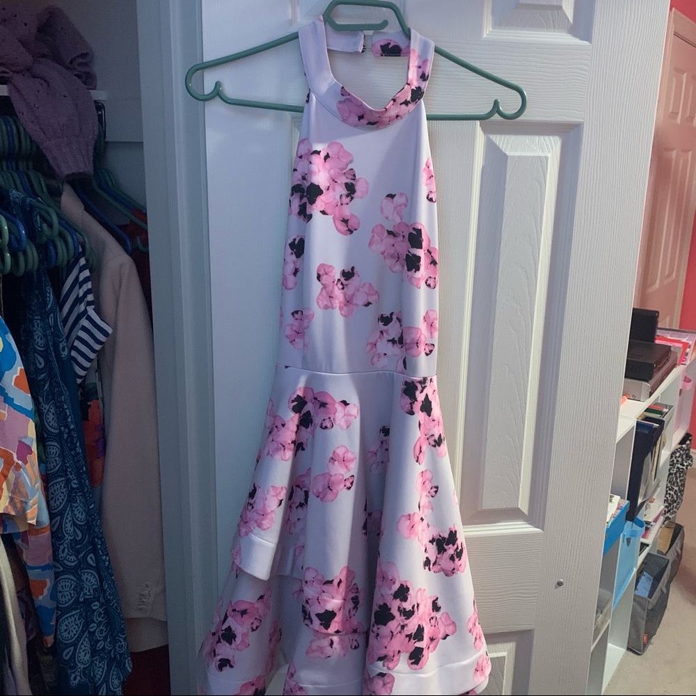 Light grey and pink floral fit and flare dress